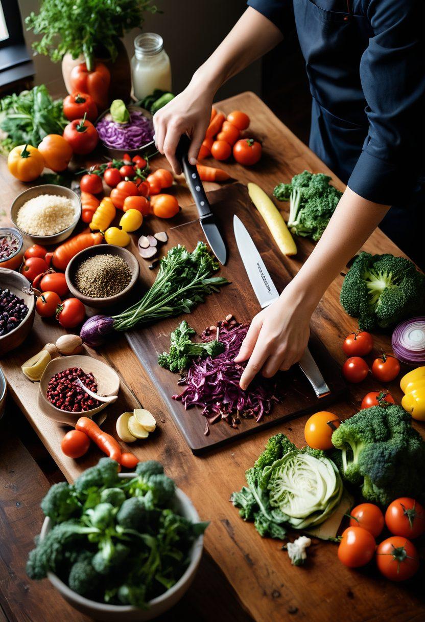 A beautifully arranged kitchen scene showcasing colorful ingredients like vibrant vegetables, herbs, and spices spread across a polished wooden countertop. A pair of hands skillfully chopping vegetables with a chef's knife while an open recipe book lies nearby, setting the stage for cooking creativity. Soft, warm lighting illuminates the scene, inviting a sense of warmth and inspiration. super-realistic. vibrant colors. cozy atmosphere.