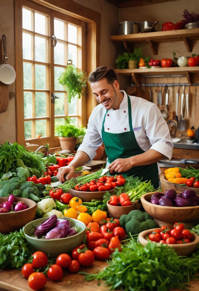 A vibrant kitchen scene filled with fresh seasonal vegetables, colorful herbs, and a rustic wooden table, with a cheerful chef passionately cooking and smiling. Include a variety of beautifully plated seasonal dishes, cascading sunlight illuminating the joyful atmosphere, inspiring creativity in home cooking. super-realistic. vibrant colors. warm lighting.