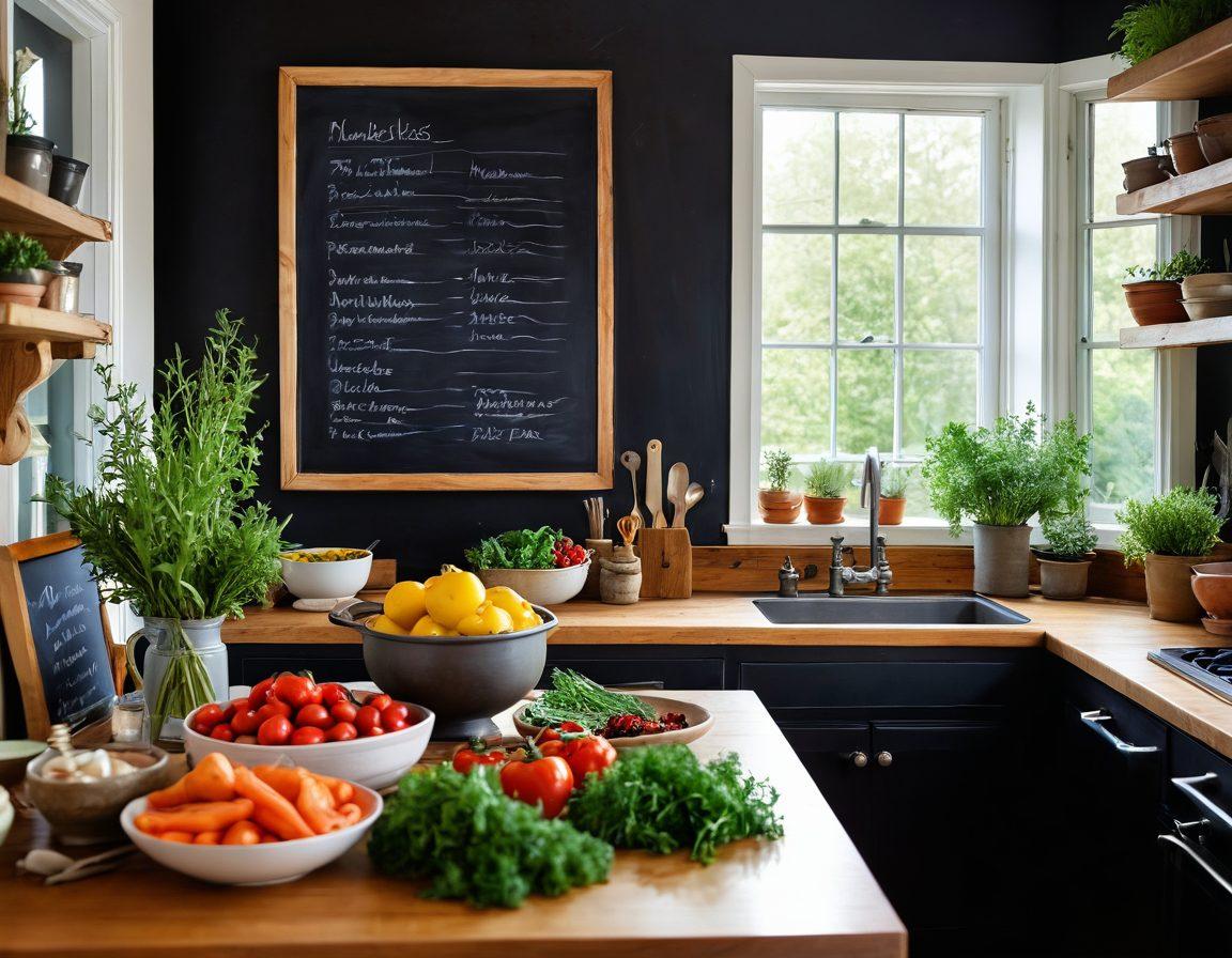 A cozy kitchen scene filled with vibrant seasonal ingredients like fresh herbs, colorful vegetables, and artisanal spices, showcasing a home cook transforming simple dishes into gourmet meals. A chalkboard menu displays seasonal recipes, while a warm, inviting light illuminates the space. Include cooking utensils, a beautifully plated dish in the foreground, and a hint of nature visible through a window. super-realistic. vibrant colors. soft focus.